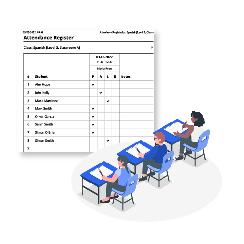 Teacher taking attendance for the whole class.